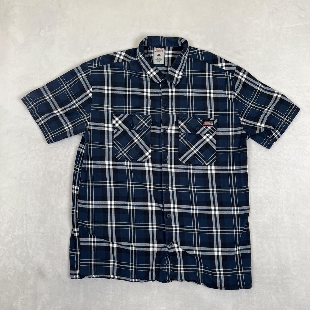 Dickies Shirt Mens XL Blue Plaid Short Sleeve Button Front Casual Workwear